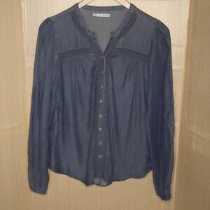 Maurices Womens Blue Lyocel Blend Lace Detail Button Down Large